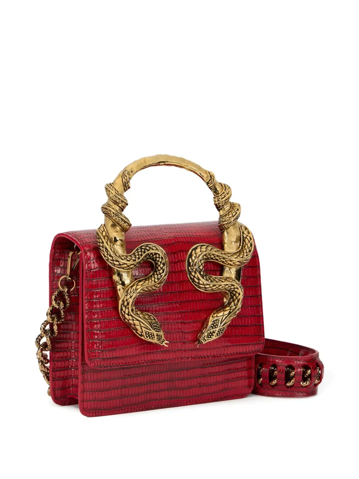 Roberto Cavalli 蛇柄エンボスレザーのトップハンドルチェーン付きクロスボディバッグ レッド - 画像3