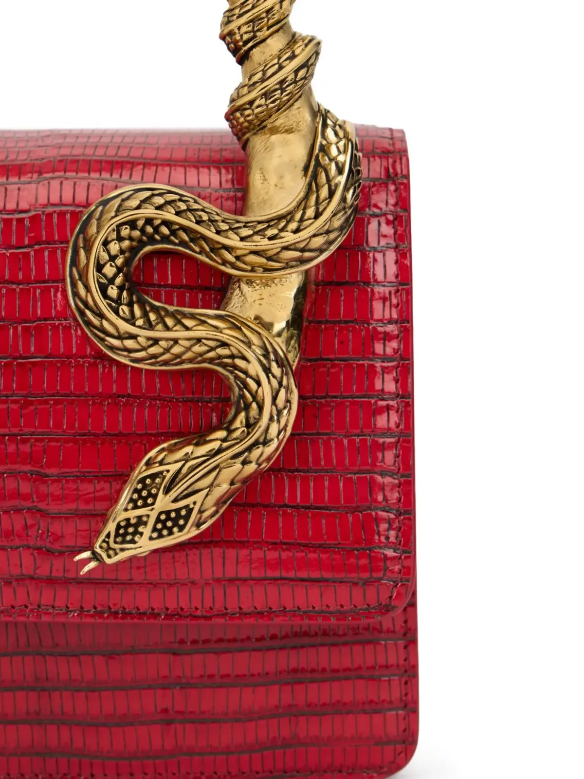 Roberto Cavalli 蛇柄エンボスレザーのトップハンドルチェーン付きクロスボディバッグ レッド - 画像4