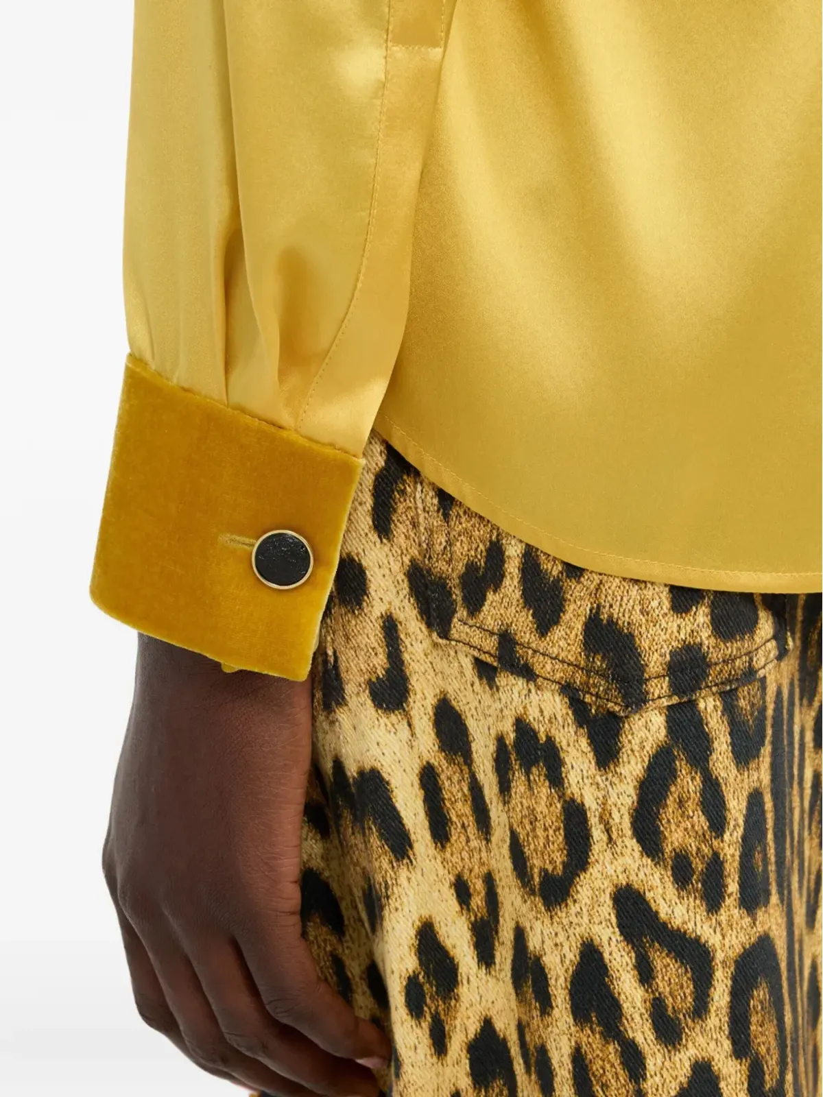 Roberto Cavalli ベルベットインサート付きシルクシャツ（イエロー） - 画像5