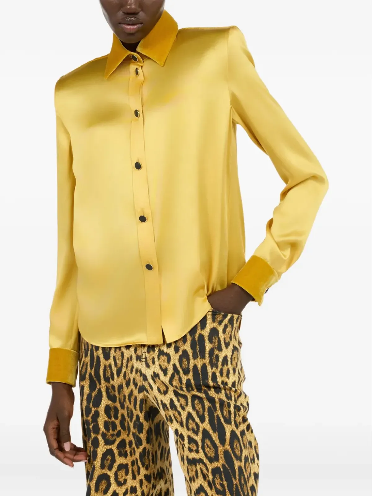 Roberto Cavalli ベルベットインサート付きシルクシャツ（イエロー） - 画像3