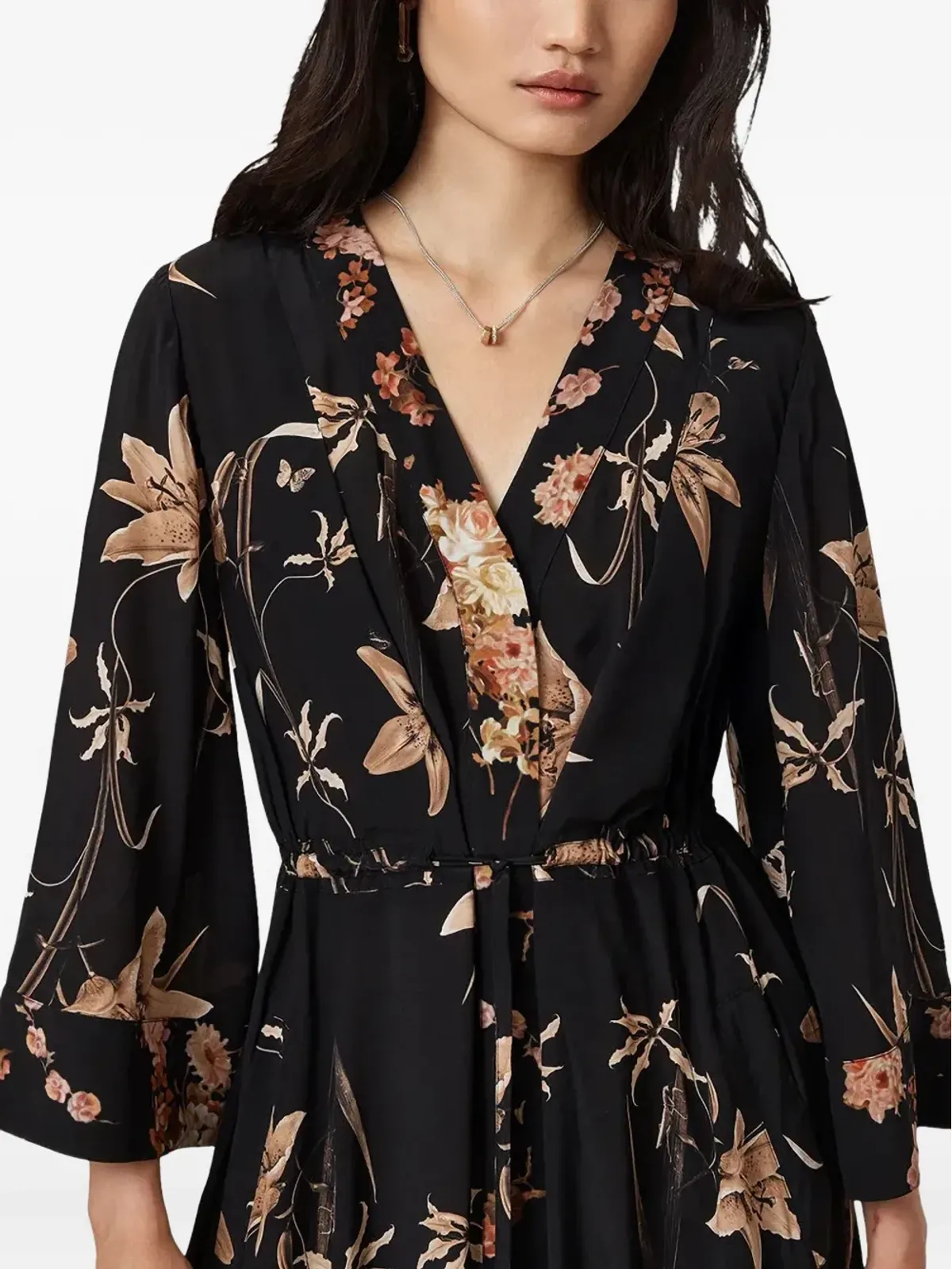 AllSaints Diana 花柄ミディドレス ブラック - 画像5