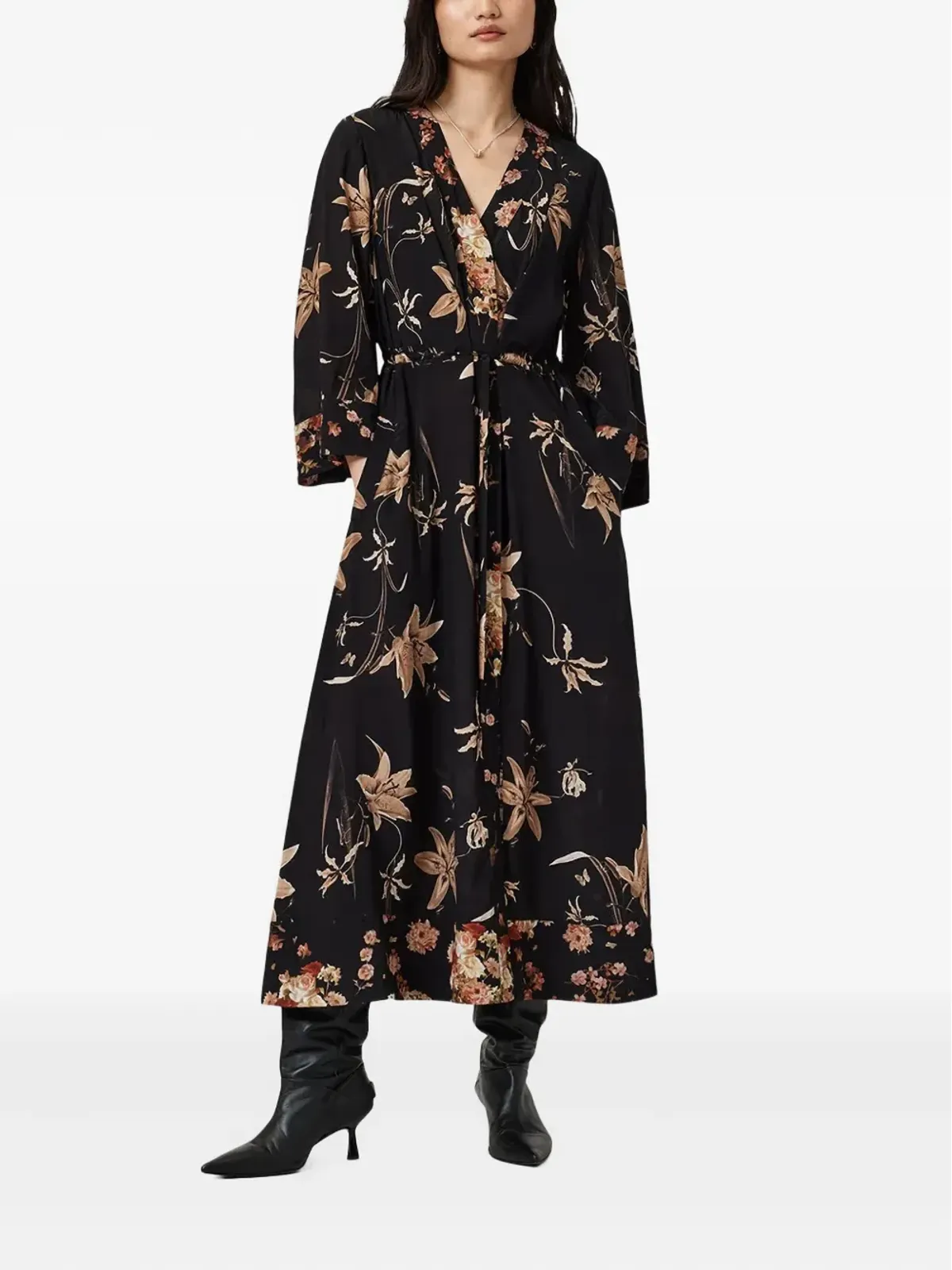 AllSaints Diana 花柄ミディドレス ブラック - 画像2