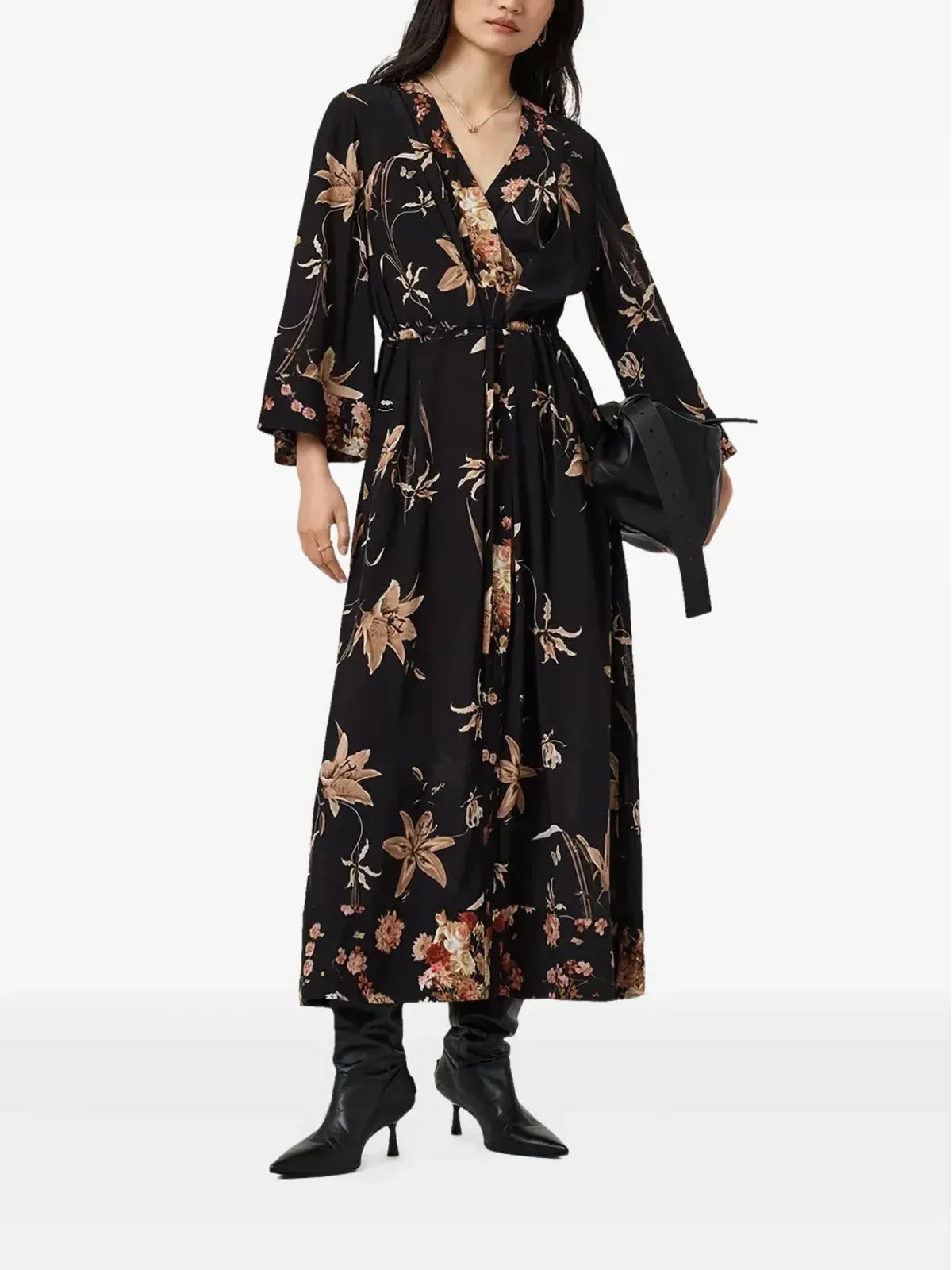 AllSaints Diana 花柄ミディドレス ブラック - 画像3