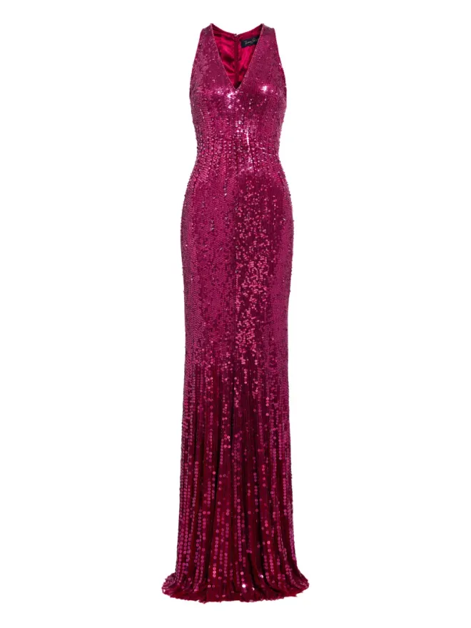 Jenny Packham Jenny Packham ピンクのスパンコール Vネック ノースリーブ マキシドレスの商品画像