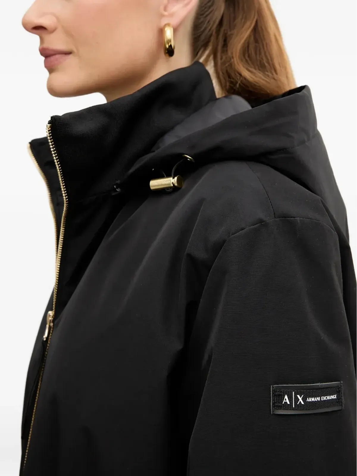 Armani Exchange フード付きドローストリングコート（ブラック） - 画像5