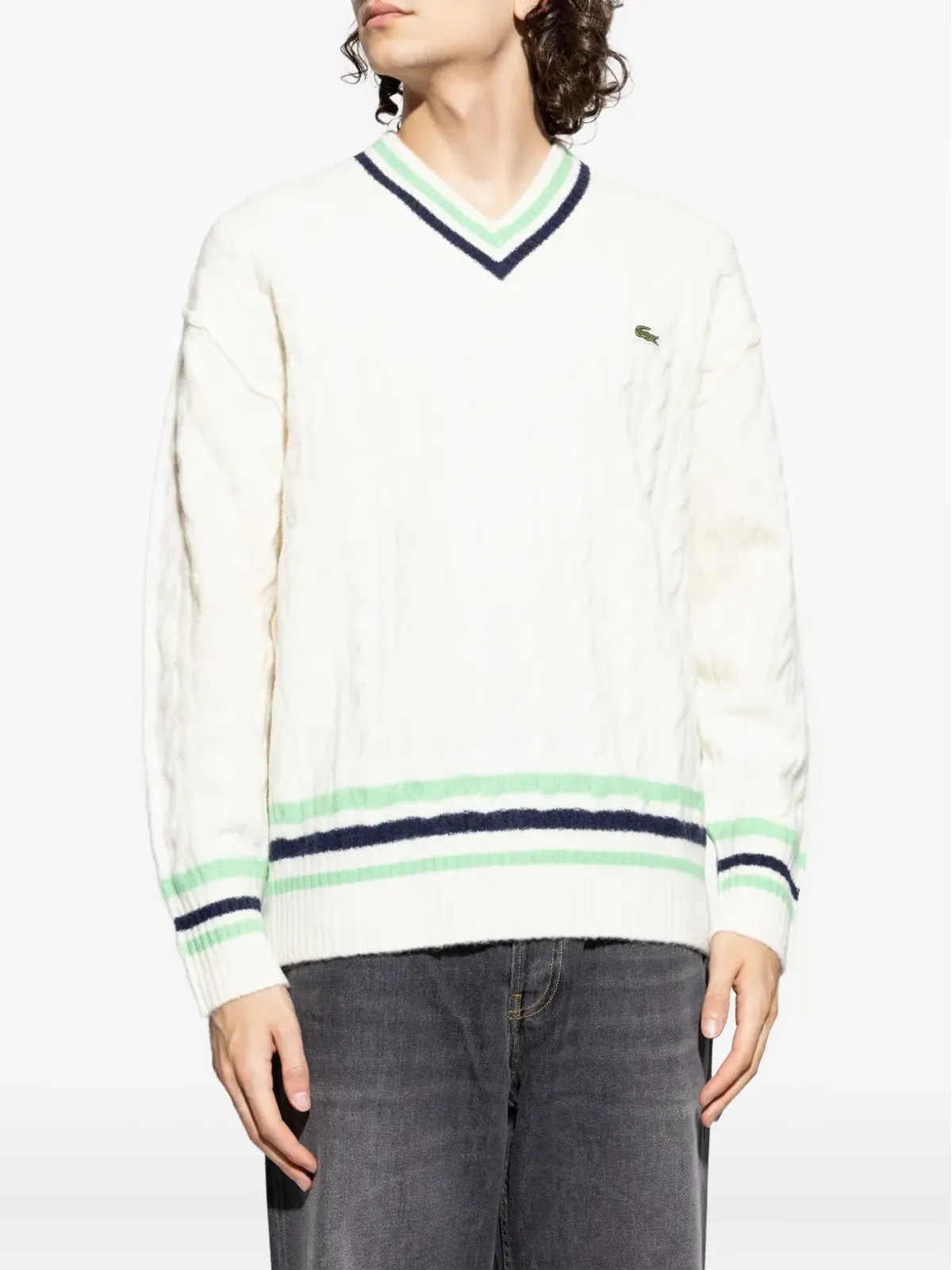 Lacoste Vネック ケーブルニットセーター ホワイト - 画像3