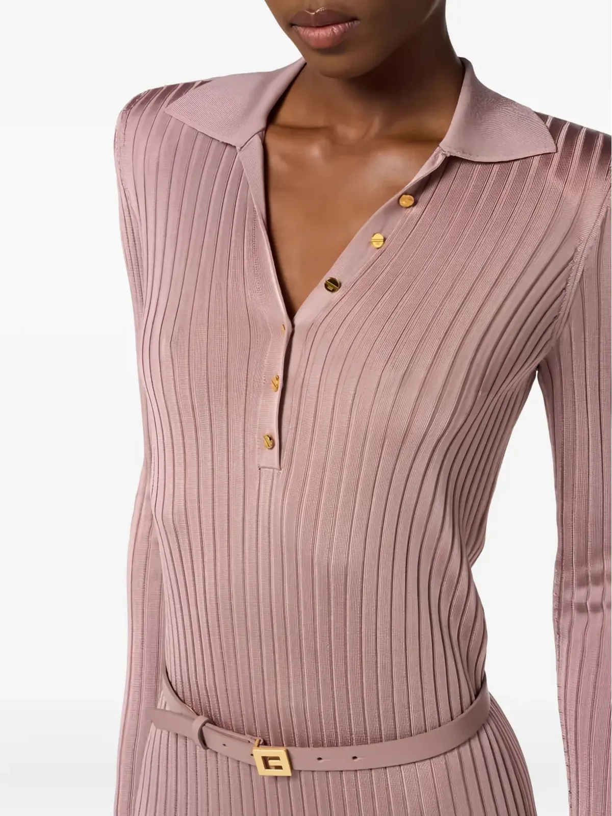 Elisabetta Franchi リブニット ポロミディドレス ピンク - 画像5