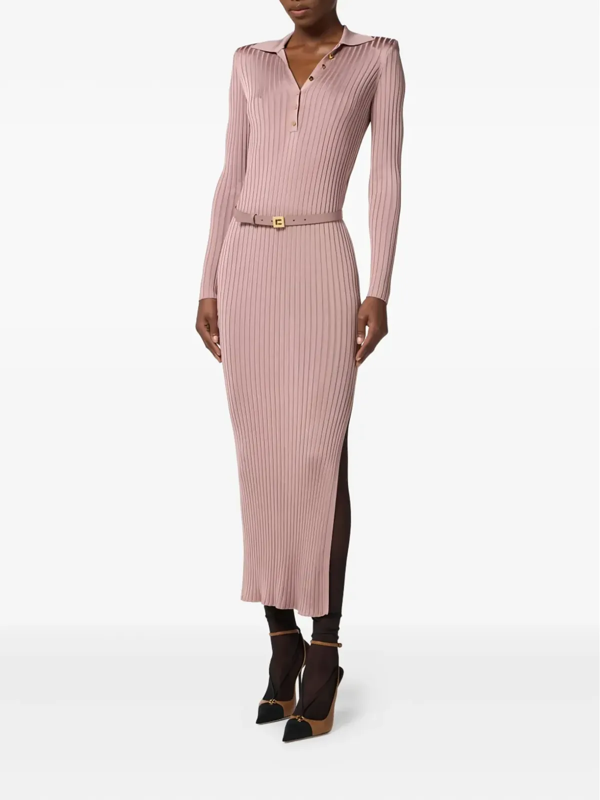 Elisabetta Franchi リブニット ポロミディドレス ピンク - 画像2