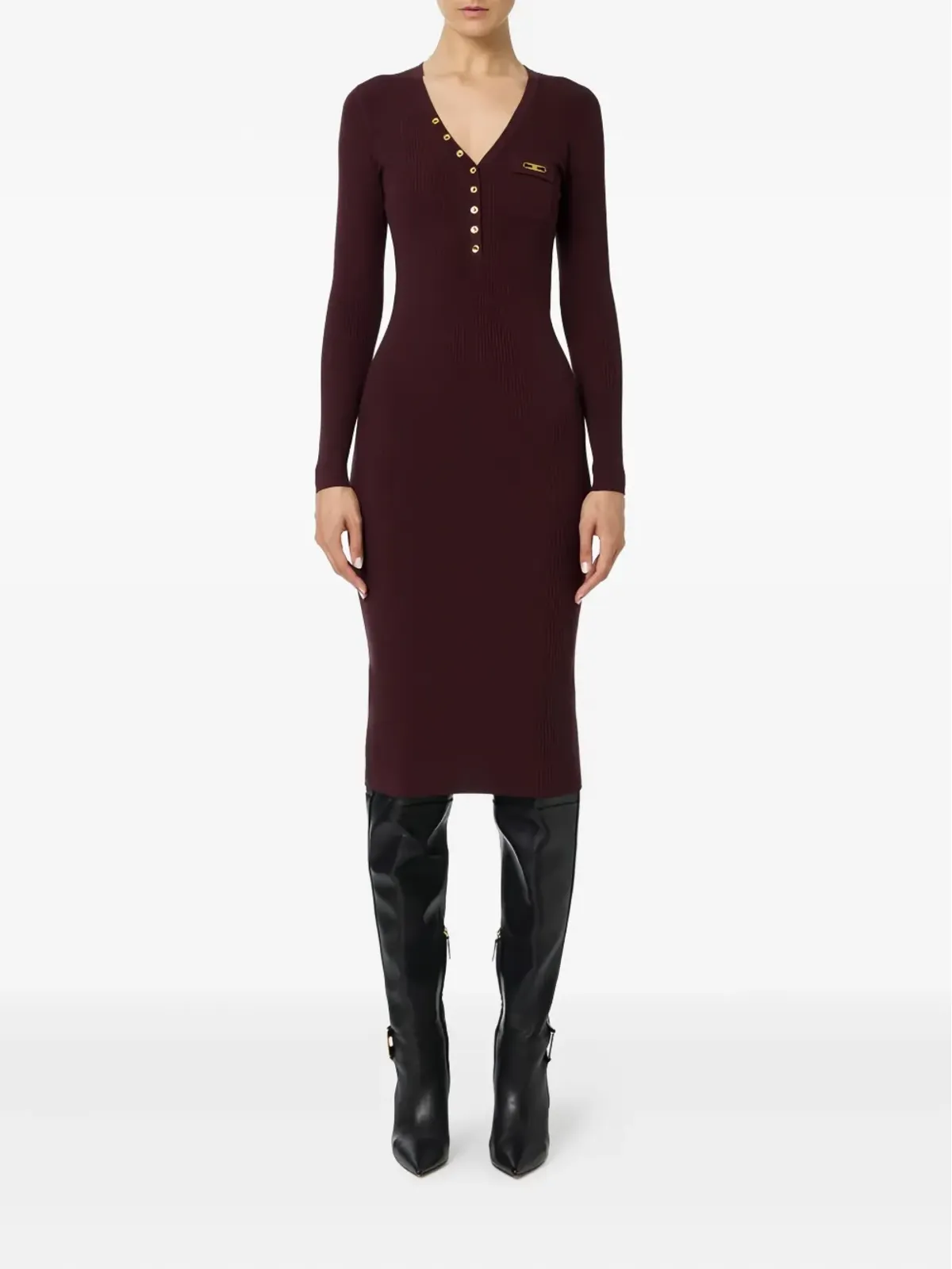 Elisabetta Franchi 胸ポケット付きリブ編みミディドレス レッド - 画像2