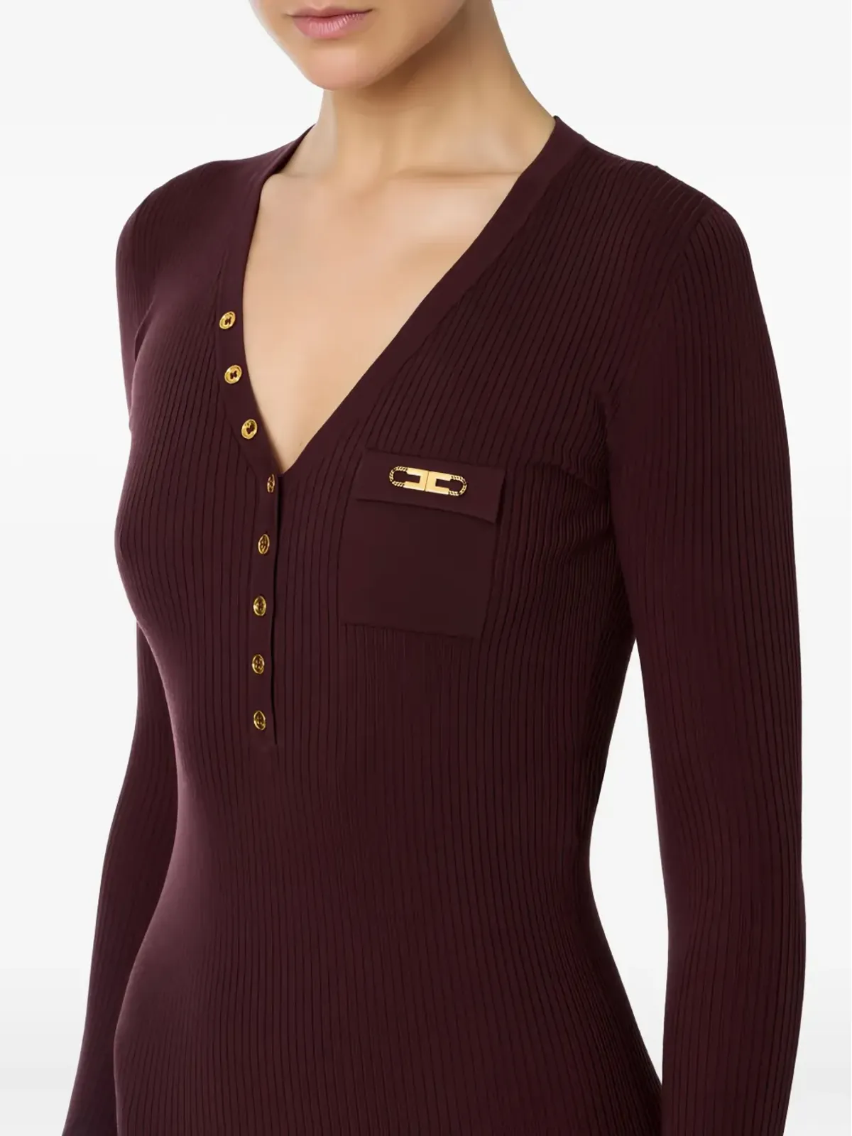 Elisabetta Franchi 胸ポケット付きリブ編みミディドレス レッド - 画像4