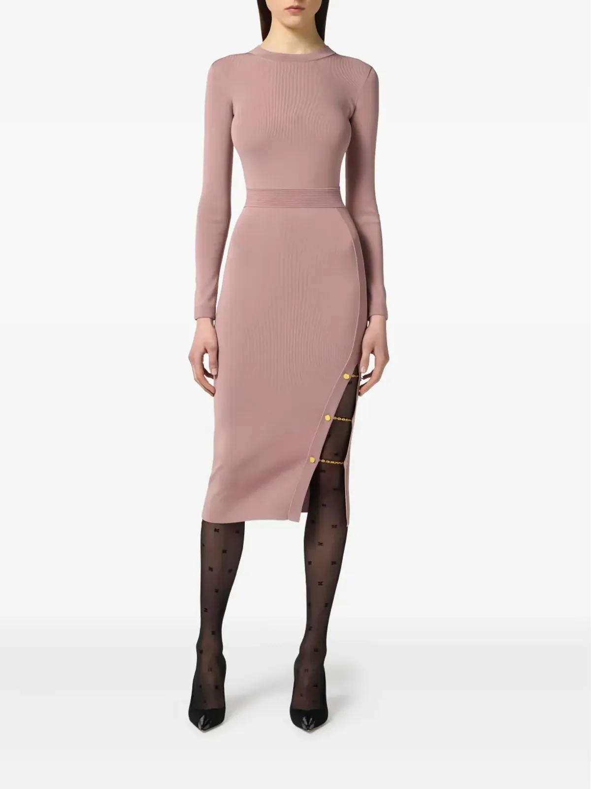 Elisabetta Franchi リブ編みディテール ミディ丈ニットドレス ピンク - 画像2