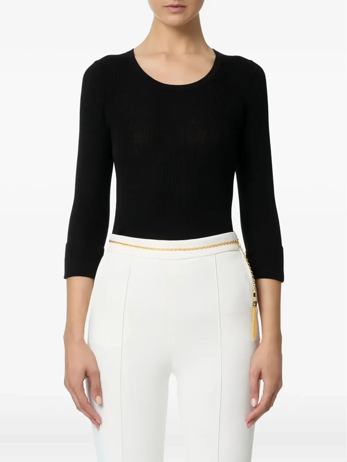 Elisabetta Franchi リブ編みニット ラウンドネック トップ ブラック - 画像2