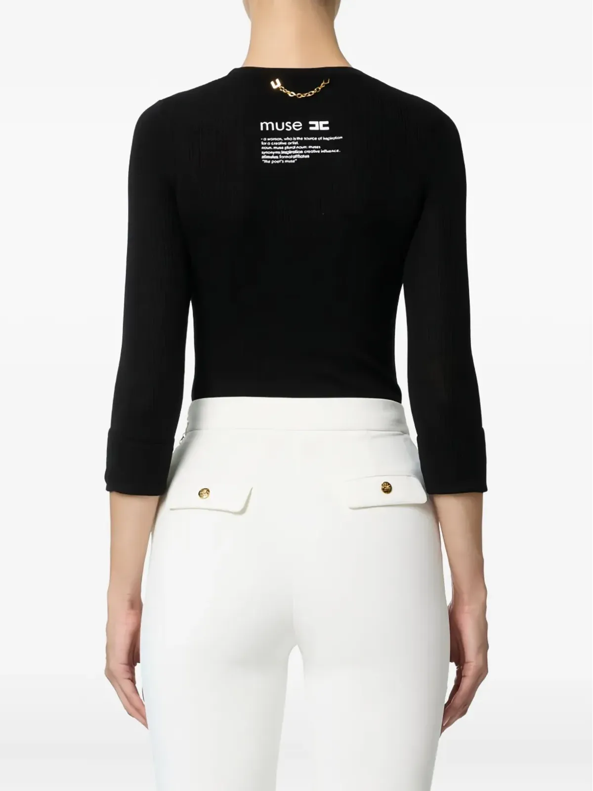Elisabetta Franchi リブ編みニット ラウンドネック トップ ブラック - 画像3