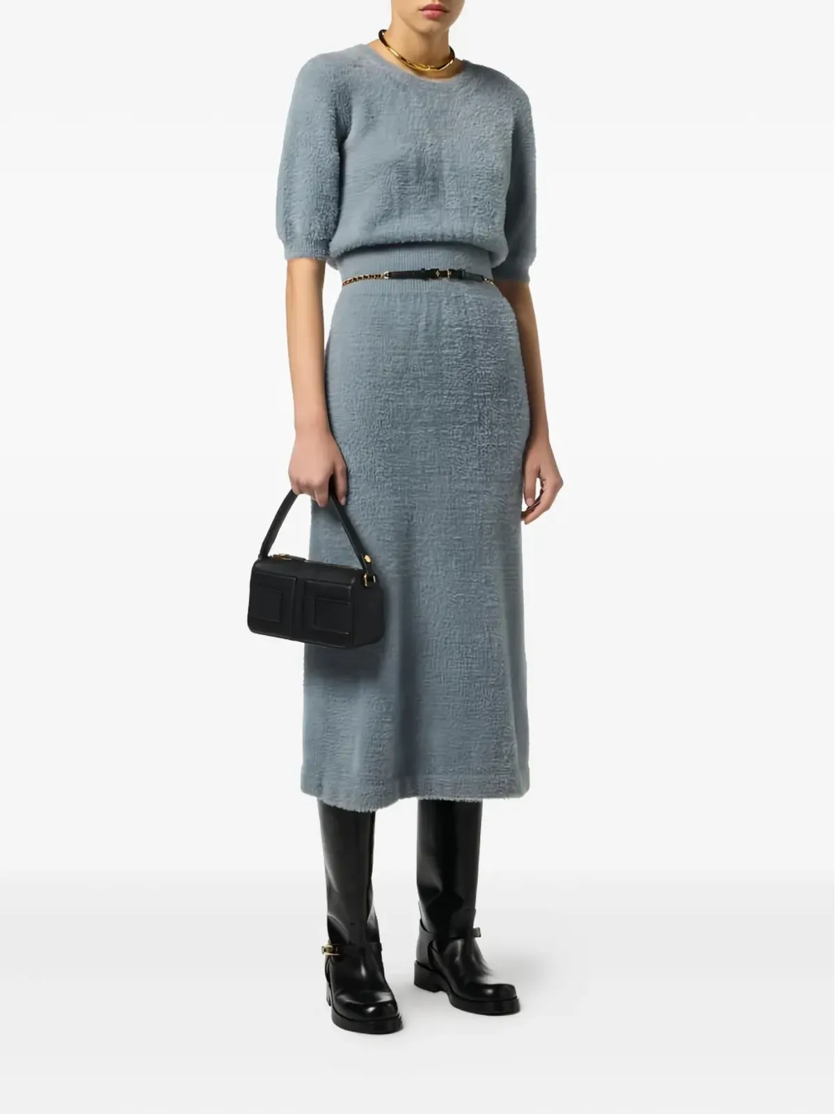 Elisabetta Franchi ブルーの半袖ニットミディドレス - 画像2
