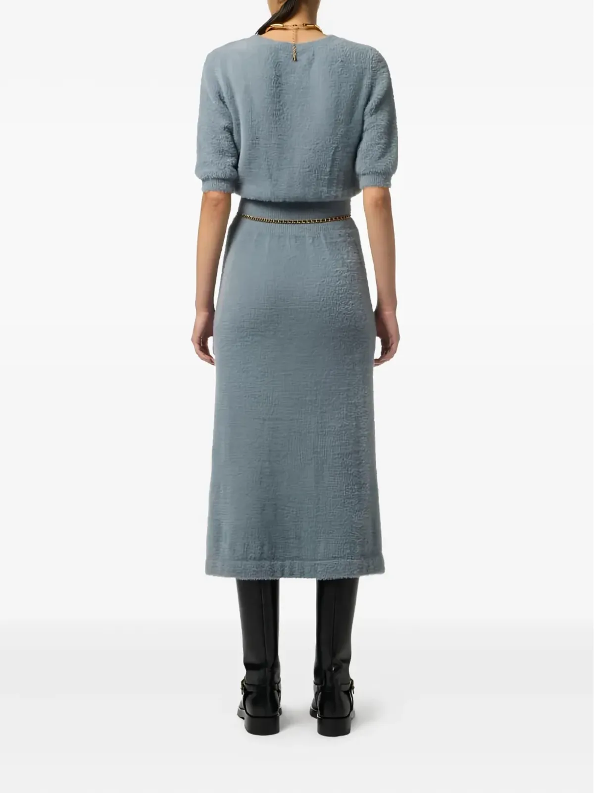 Elisabetta Franchi ブルーの半袖ニットミディドレス - 画像3