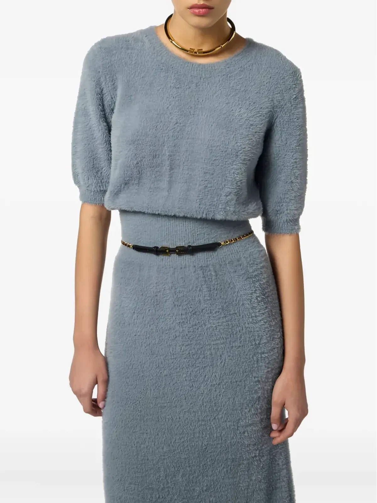 Elisabetta Franchi ブルーの半袖ニットミディドレス - 画像4