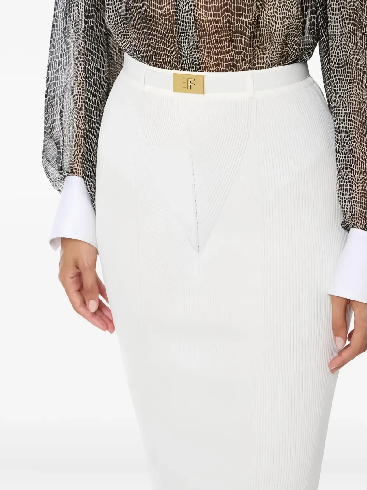 Elisabetta Franchi リブ編みミディスカート ホワイト - 画像4