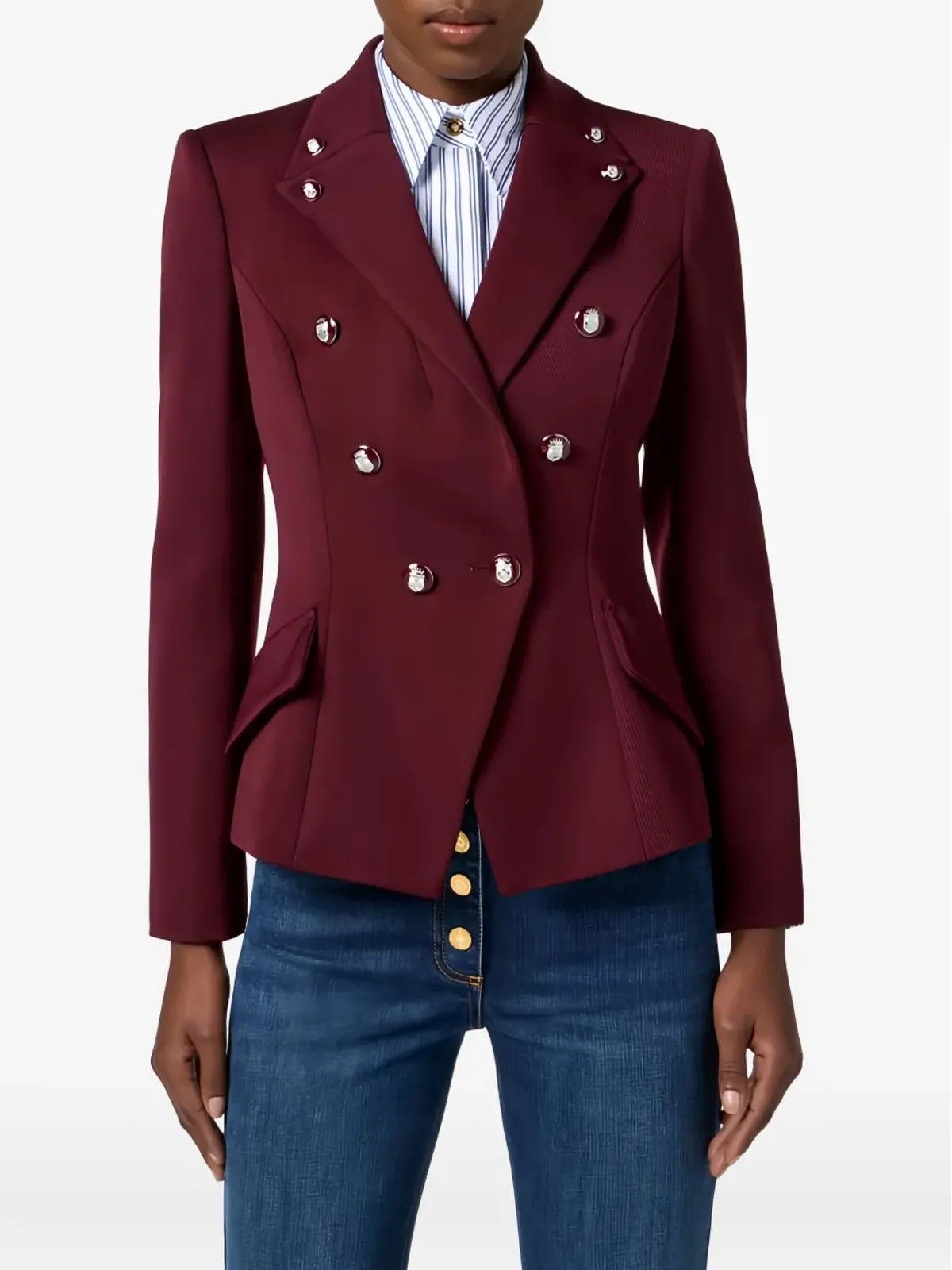 Elisabetta Franchi ダブルブレスト エナメルボタン ブレザー レッド - 画像4