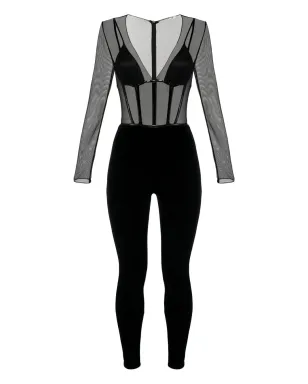 Elisabetta Franchi チュールディテール付き 背面ジップ ジャンプスーツ - ブラック - サムネイル1