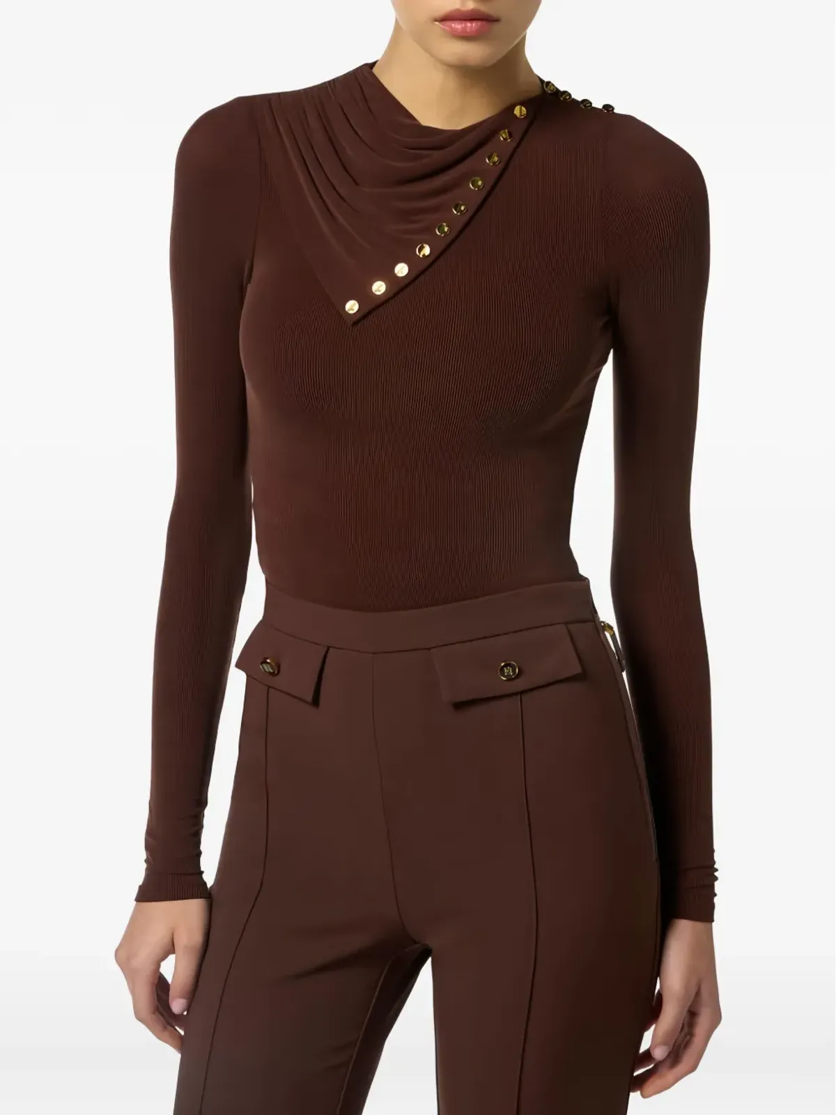 Elisabetta Franchi ドレープ ボタン付き カップロ トップ - ブラウン - 画像4