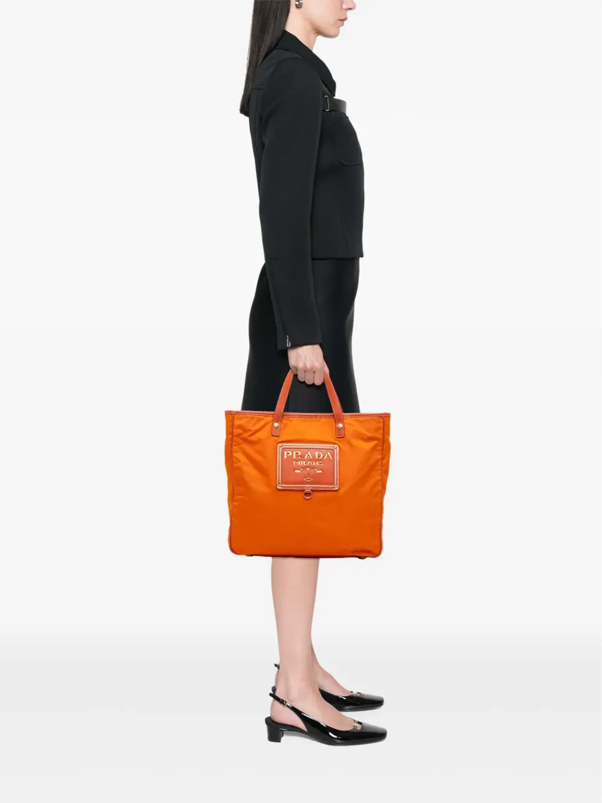 Prada ビンテージ サフィアーノ トリムド テッスート ロゴ ゴールド サッチェル - オレンジ - 画像2