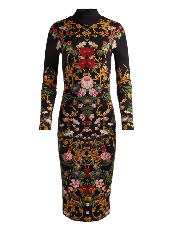Alice + Olivia alice + olivia Delora タートルネック フローラル ミディドレス ブラックの商品画像