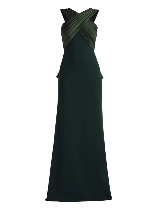 Tadashi Shoji Tadashi Shoji クリスクロスディテールのフリル付きグリーンのマキシドレスの商品画像