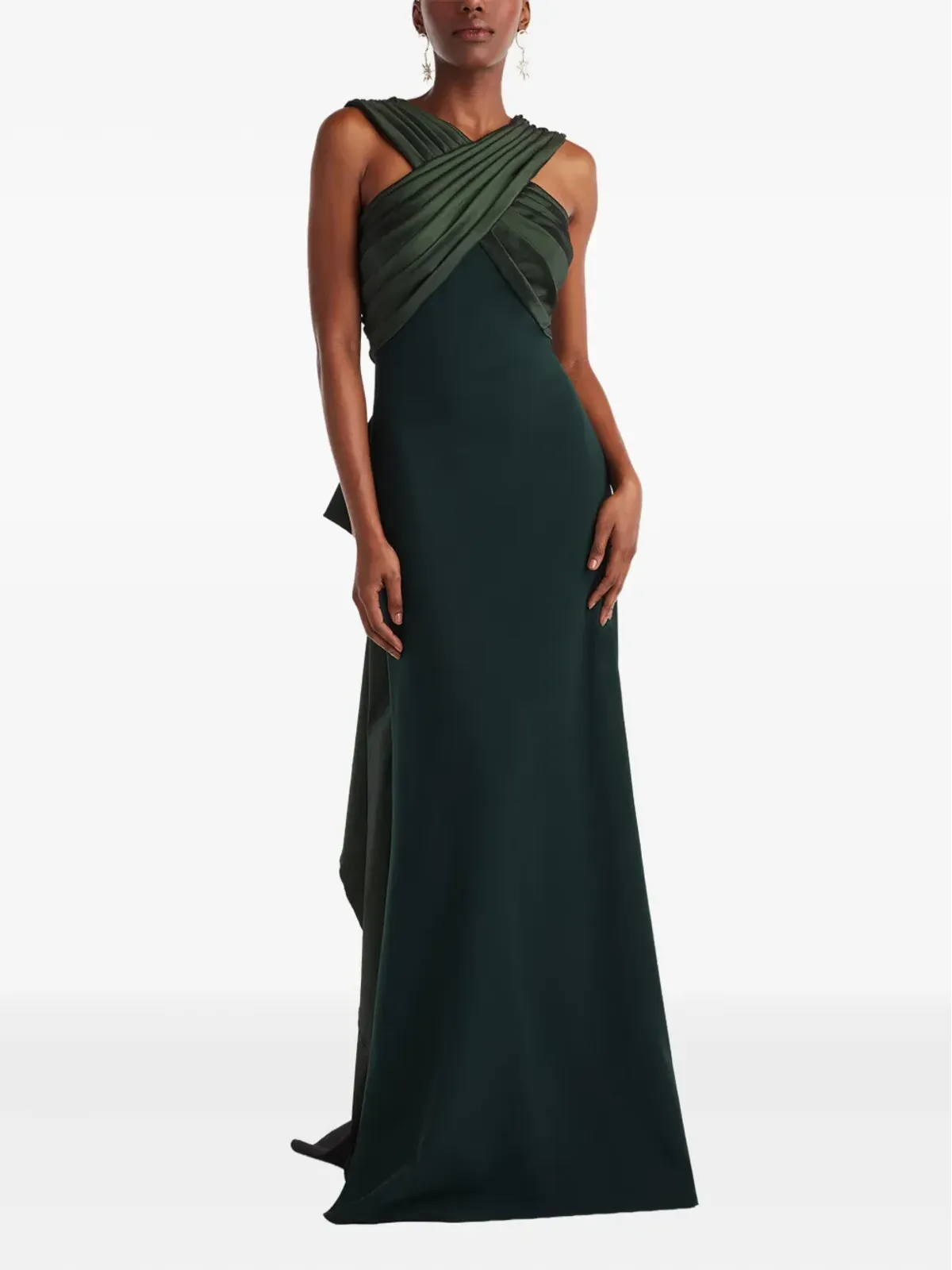 Tadashi Shoji クリスクロスディテールのフリル付きグリーンのマキシドレス - 画像2