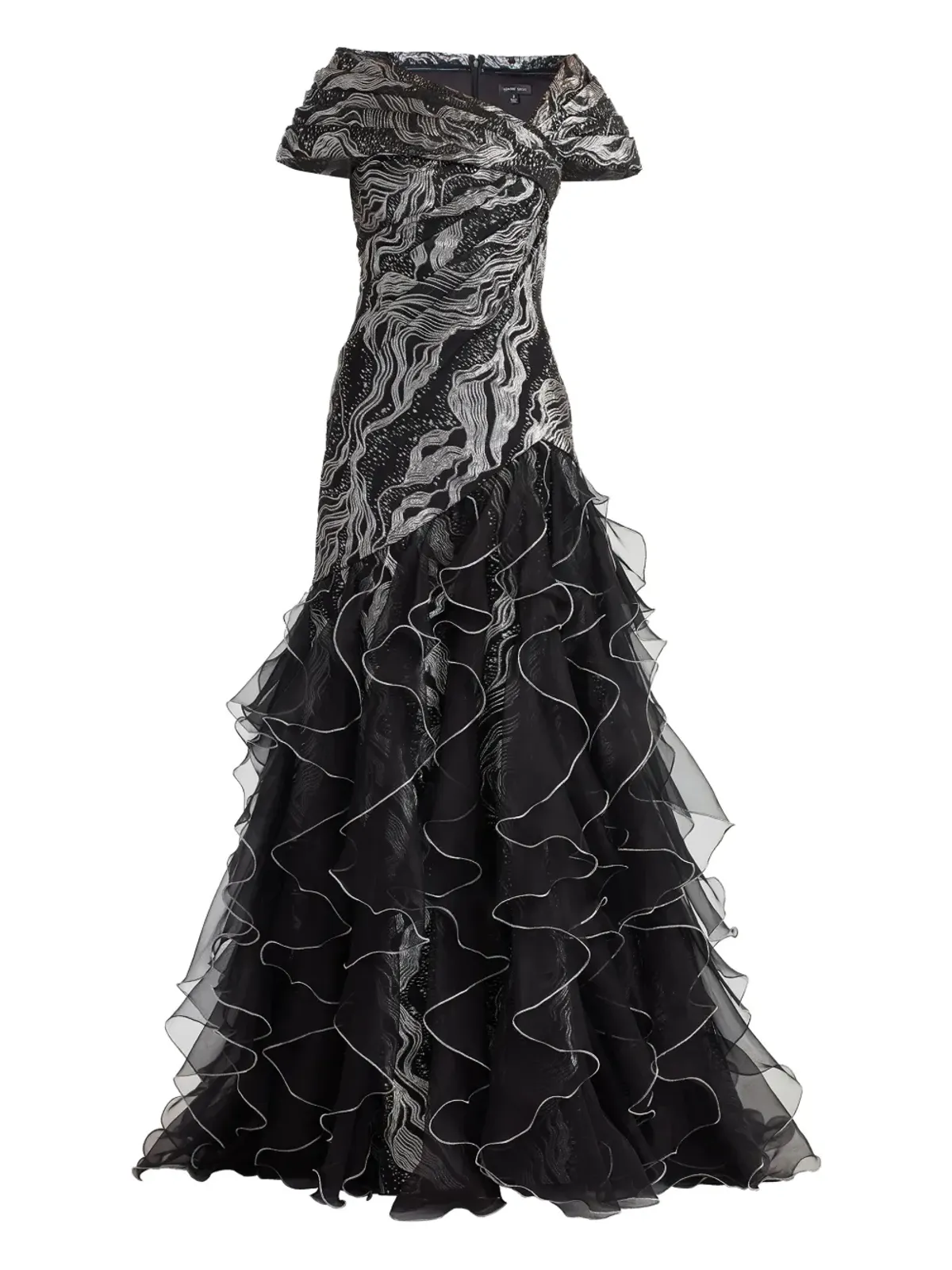 Tadashi Shoji ラッフル付きメタリックエフェクト マキシドレス ブラック - 画像1