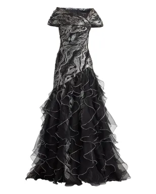 Tadashi Shoji ラッフル付きメタリックエフェクト マキシドレス ブラック - サムネイル1