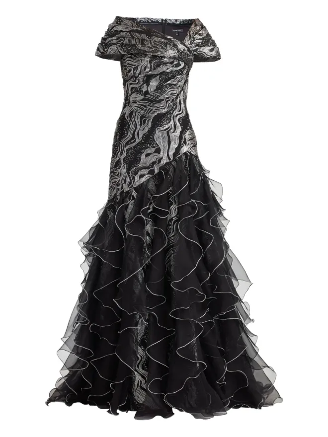 Tadashi Shoji Tadashi Shoji ラッフル付きメタリックエフェクト マキシドレス ブラックの商品画像