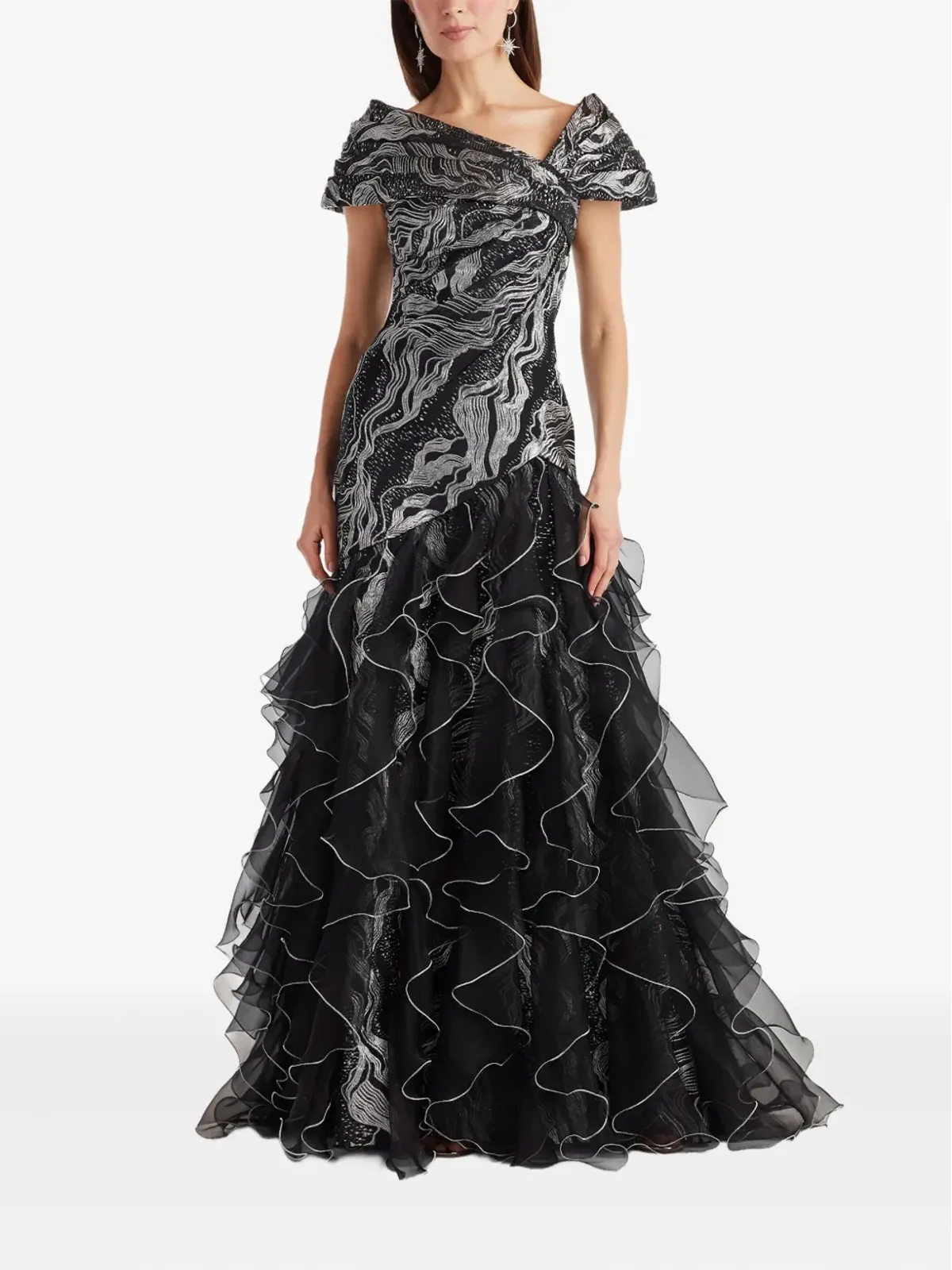 Tadashi Shoji ラッフル付きメタリックエフェクト マキシドレス ブラック - 画像2