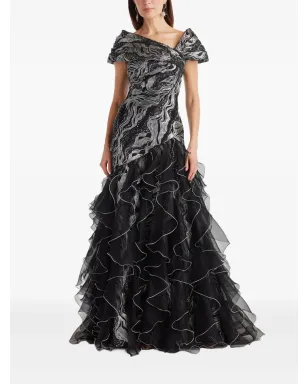 Tadashi Shoji ラッフル付きメタリックエフェクト マキシドレス ブラック - サムネイル2