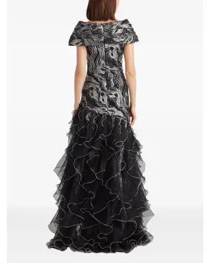 Tadashi Shoji ラッフル付きメタリックエフェクト マキシドレス ブラック - サムネイル3