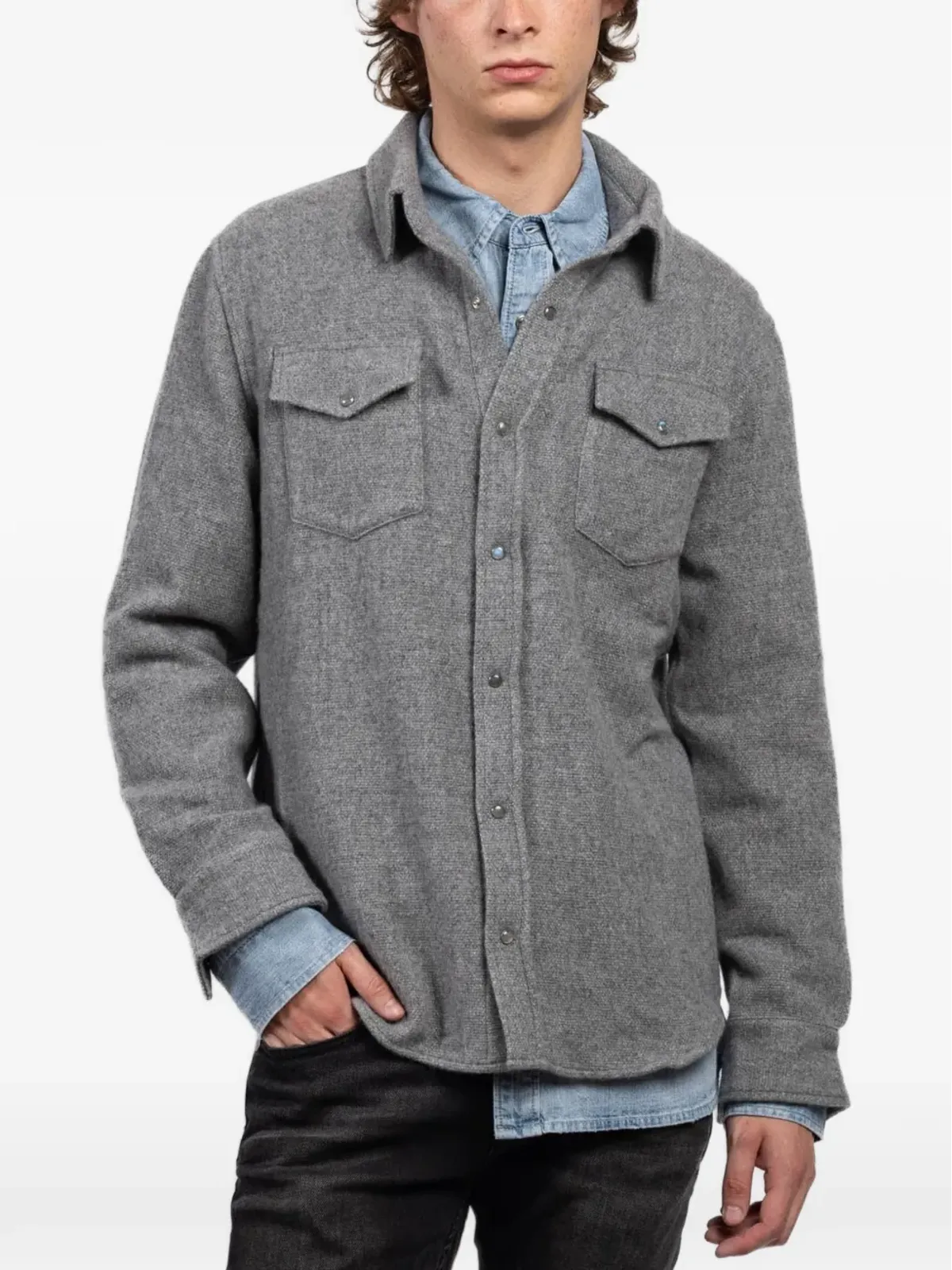GOD'S TRUE CASHMERE カシミア チェストポケット シャツ - グレー - 画像4
