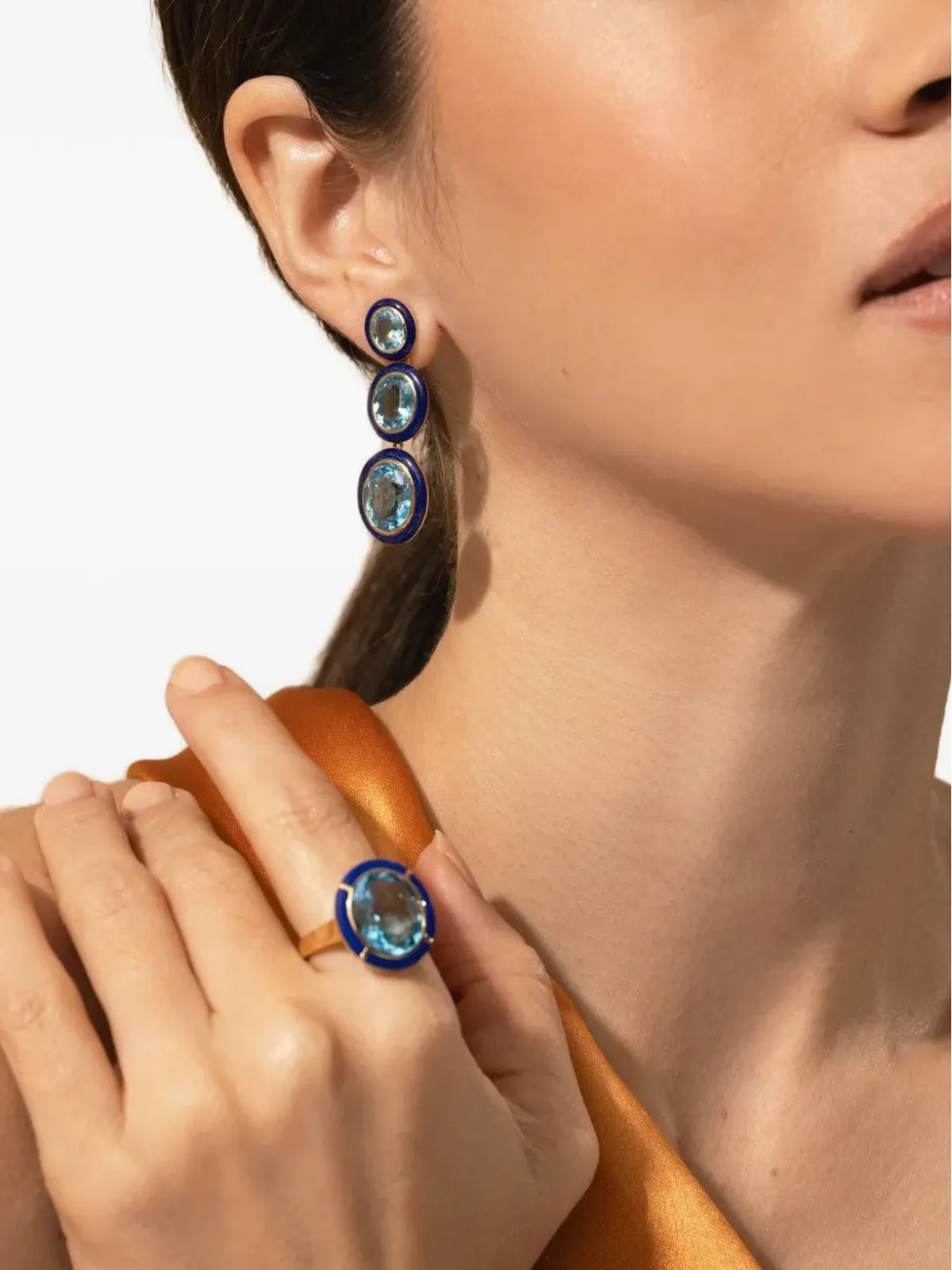 Goshwara 3-Tier oval blue topaz and lapis earrings - Gold - 画像3