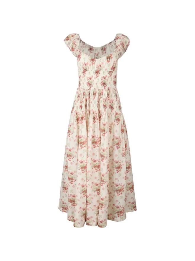 DÔEN DÔEN Quinette floral-print shirred midi dress - Neutralsの商品画像