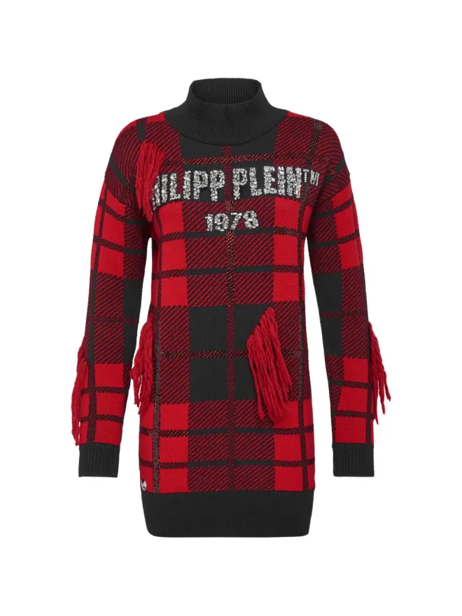 Philipp Plein Philipp Plein タータンフリンジ丸首ニットセーター - ブラックの商品画像