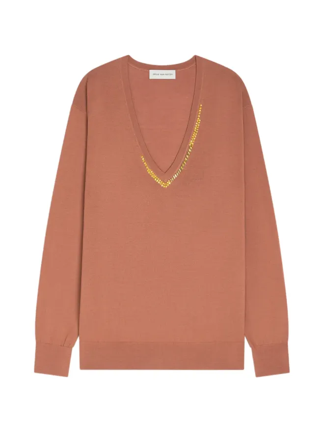 Dries Van Noten DRIES VAN NOTEN Vネック エンベリッシュド ニットウェア - ブラウンの商品画像