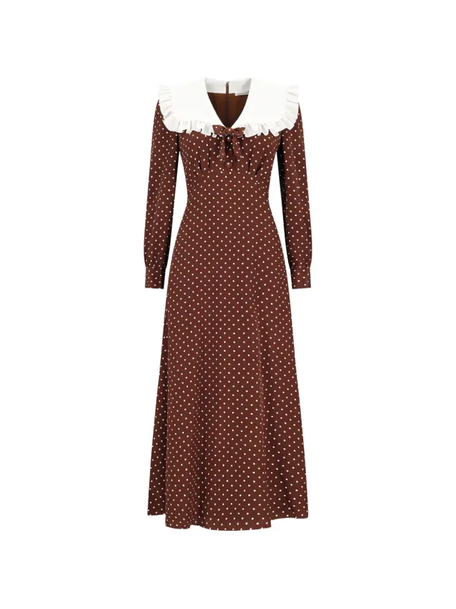 Alessandra Rich Alessandra Rich ポルカドット柄フリル付きシルクドレス - ブラウンの商品画像