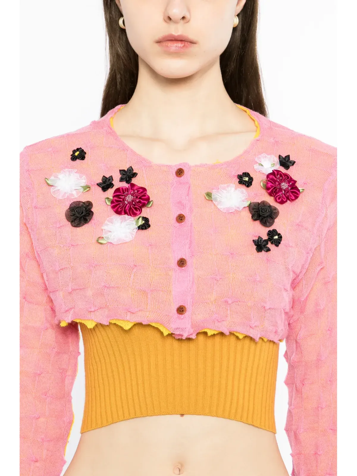 YANYAN KNITS クロップ丈花柄アップリケ付きカーディガン - 画像5