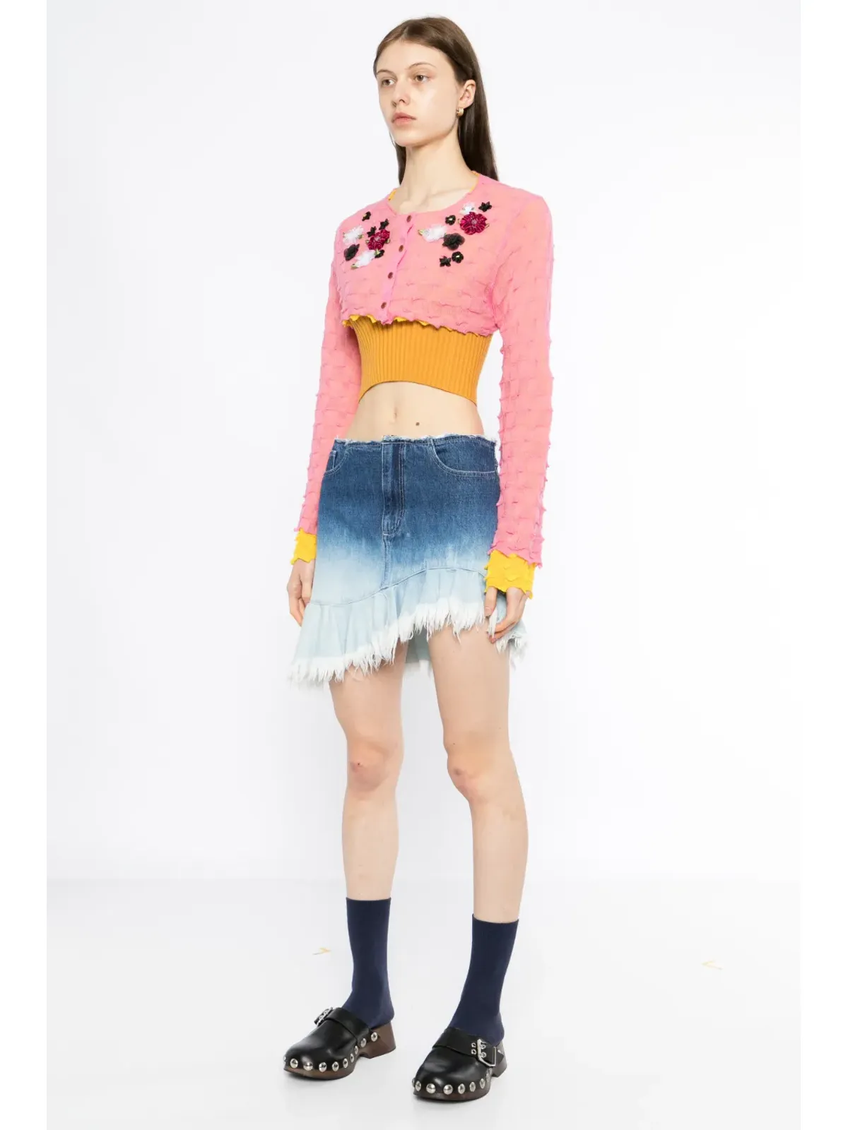YANYAN KNITS クロップ丈花柄アップリケ付きカーディガン - 画像3