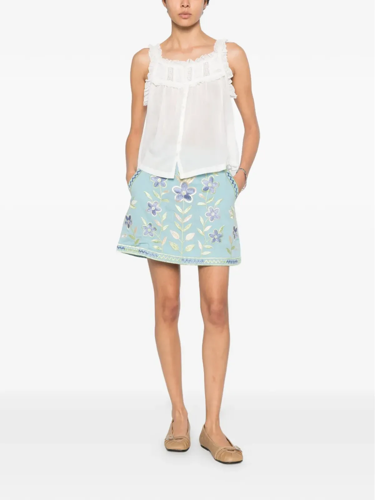 Antik Batik Carioca floral-embroidered mini skirt - Blue - 画像2
