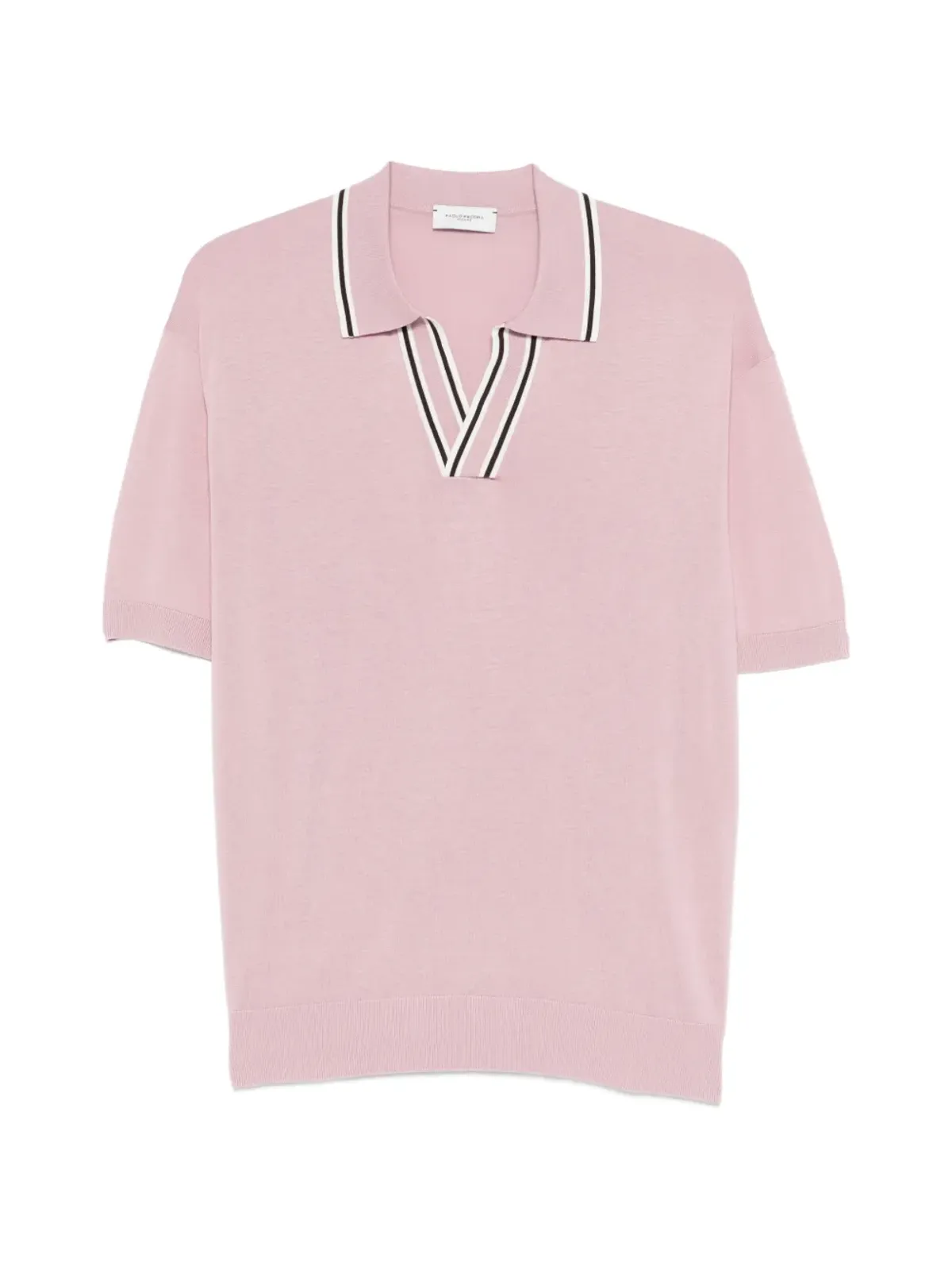 Paolo Pecora Vネック ボーダーTシャツ ピンク - 画像1