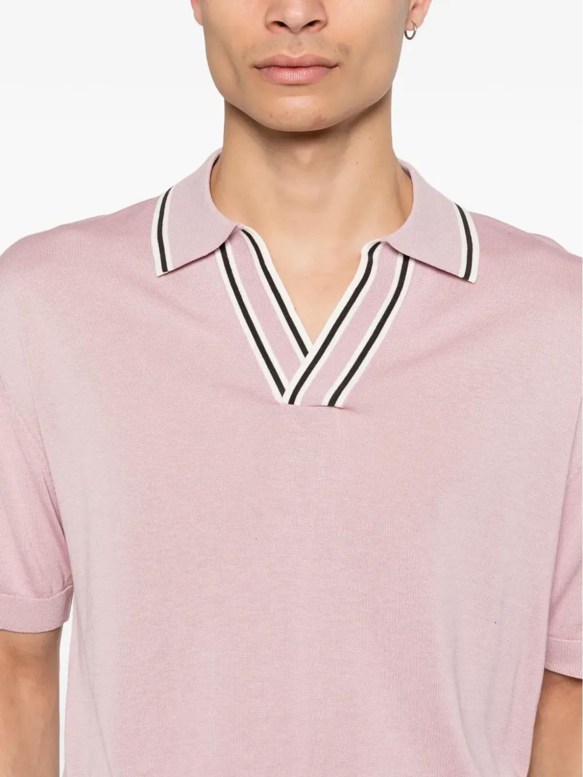 Paolo Pecora Vネック ボーダーTシャツ ピンク - 画像5