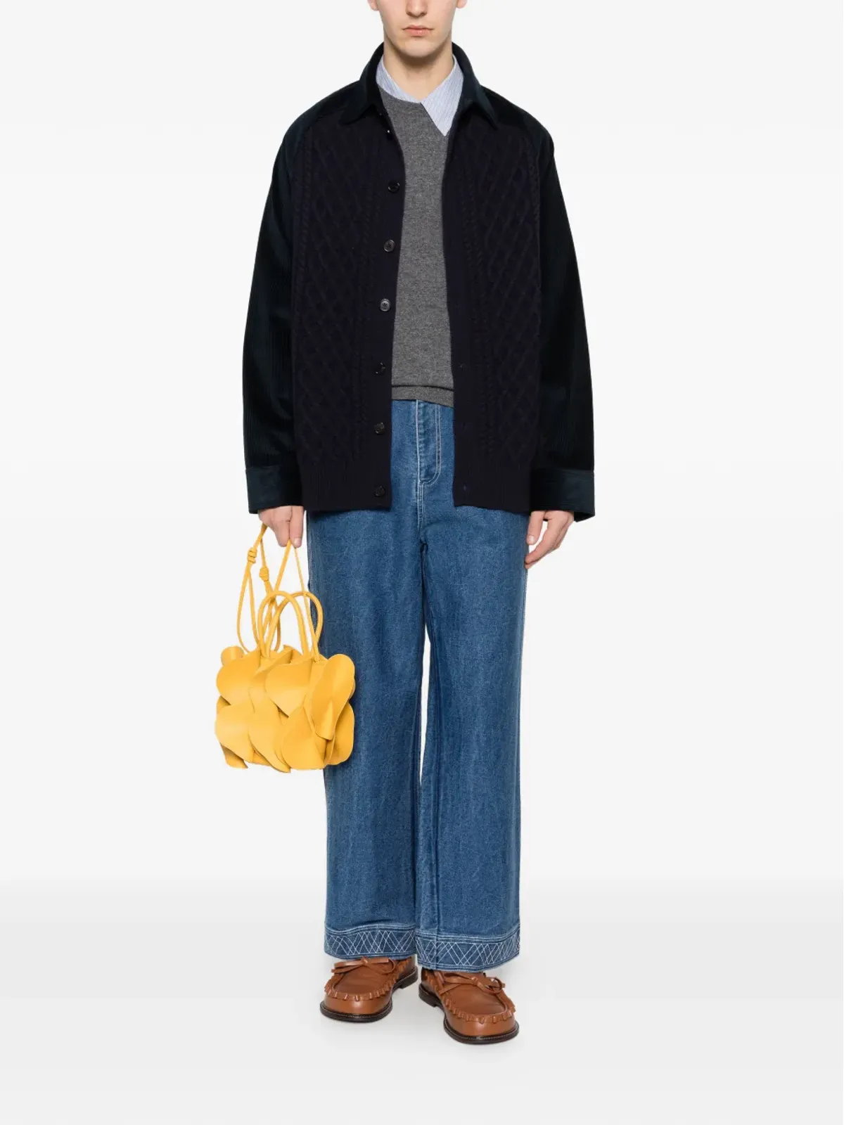 LOEWE コーデュロイ ジャケット ケーブルニット ブルー - 画像2