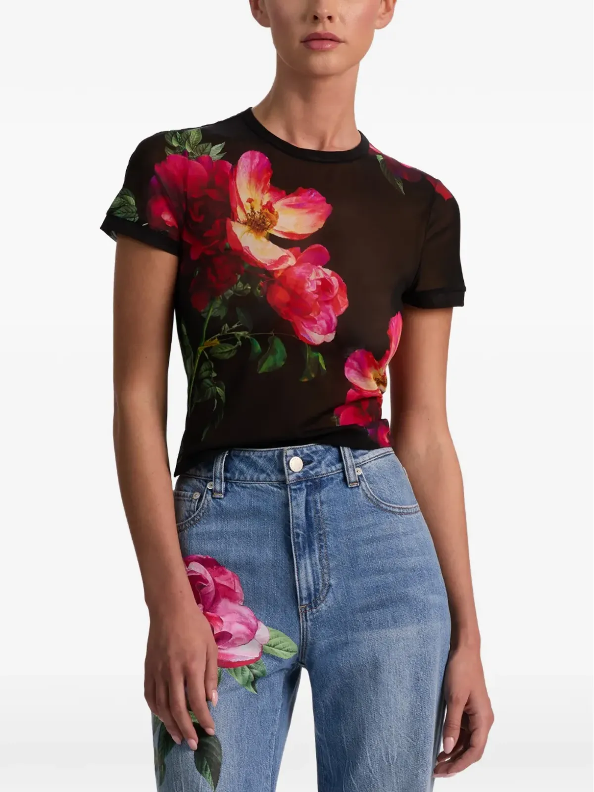 alice + olivia テス花柄クルーネックTシャツ ブラック - 画像5