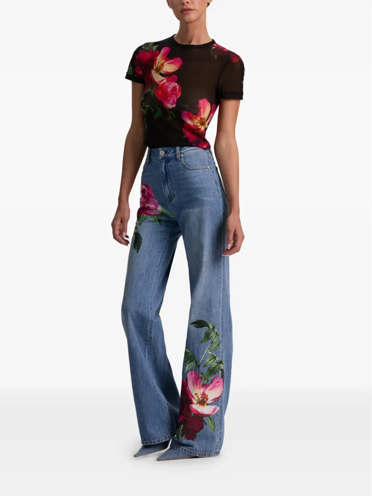 alice + olivia テス花柄クルーネックTシャツ ブラック - 画像3