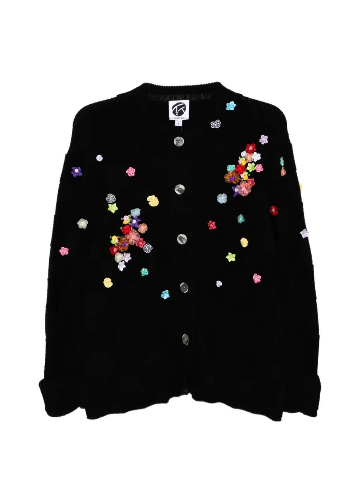 YANYAN KNITS floral-embellished check cardigan - Black - 画像1