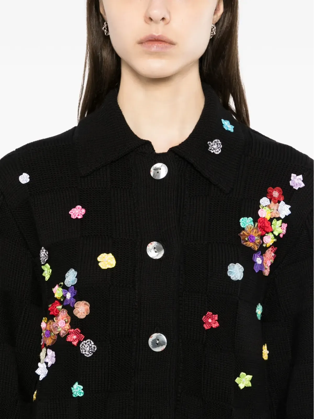 YANYAN KNITS floral-embellished check cardigan - Black - 画像5